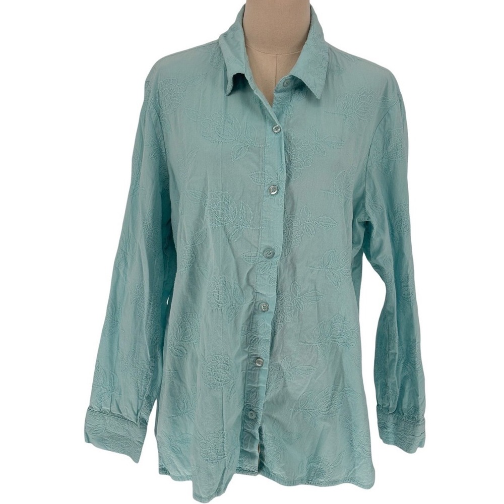 Chadwicks Button Down Shirt Aqua Blue Floral Embroidered 100% Cotton XL
